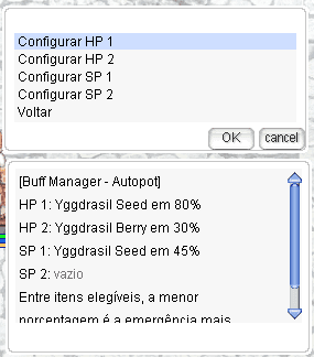 Tela de configuração do Autopot com os slots de HP e SP