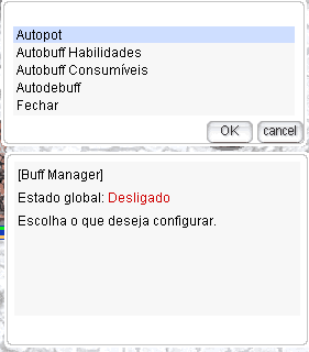 Menu do Buff Manager mostrando o estado global e as 4 áreas de configuração
