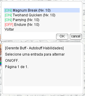 Lista de habilidades candidatas ao autobuff, alternando entre ON e OFF