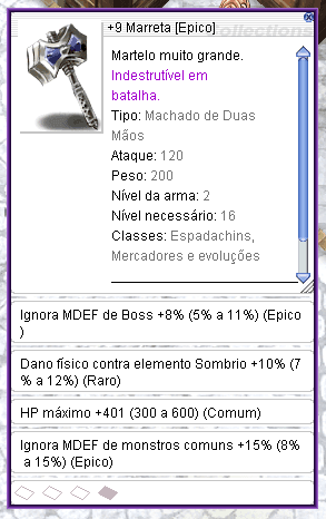 Janela de descrição de um item mostrando várias linhas de bônus de Gravura