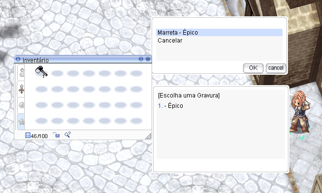 Janela de inventário com o item gravável selecionado e a lista de Gravuras disponíveis