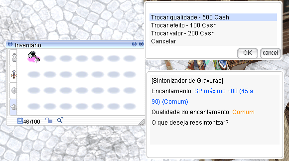 Menu do Sintonizador de Gravuras com as opções de trocar qualidade, efeito ou valor