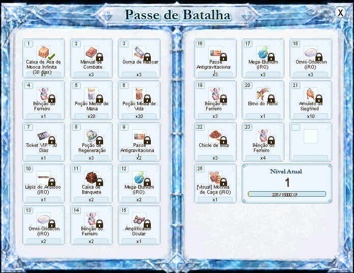 Janela do Passe de Batalha após atingir o nível 1